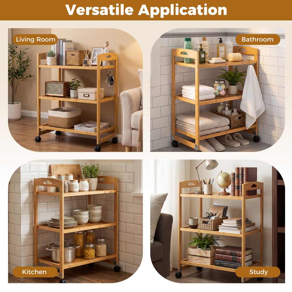 3-Tier Storage Rolling Cart Bamboo Utility Cart with 4 Universal Wheels - Gallery View 9 of 11
