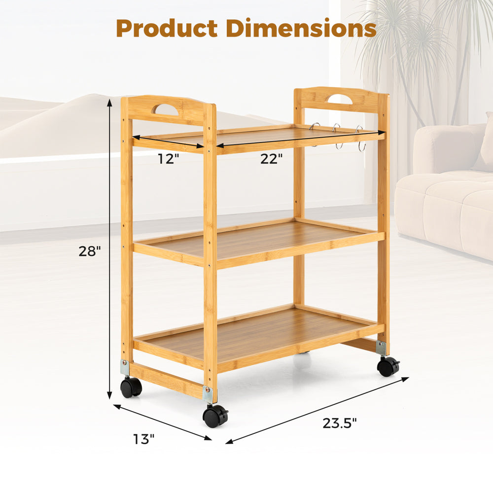 3-Tier Storage Rolling Cart Bamboo Utility Cart with 4 Universal Wheels - Gallery View 5 of 11