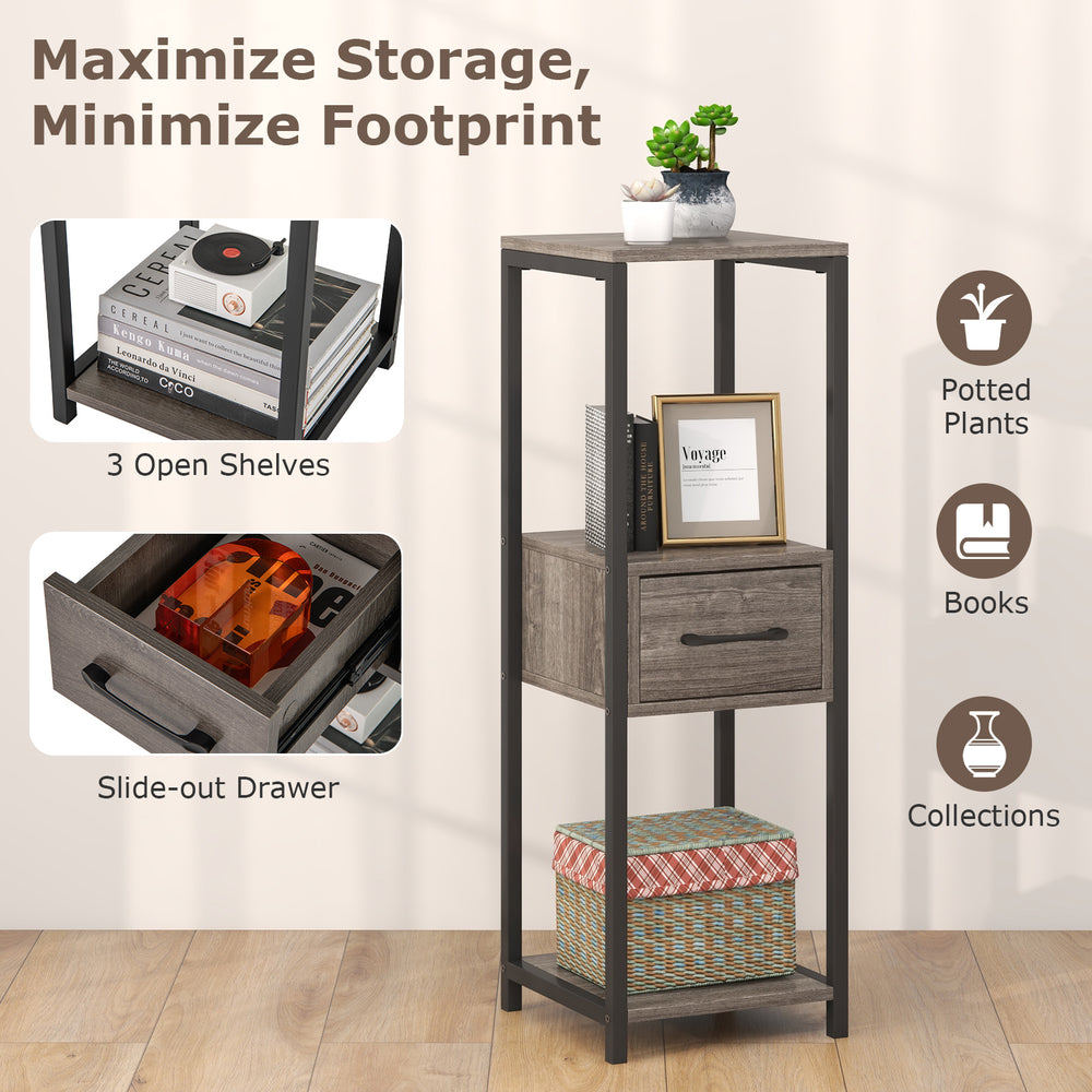 3-tier gray metal plant stand with slide-out drawer, ideal for books and plants, perfect for corners in any room.