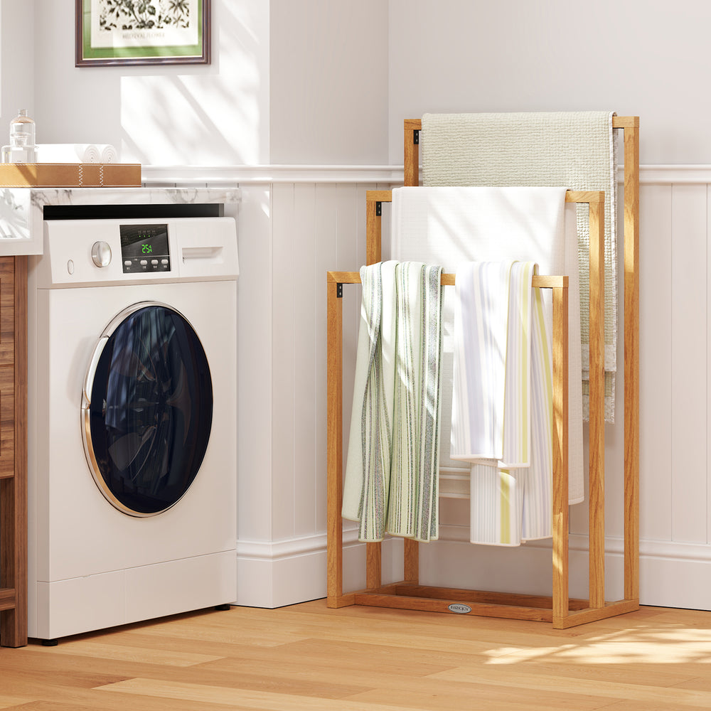 3-tier teak wood towel rack with 3 hanging crossbars, ideal for effective drying in bathrooms or laundry rooms.