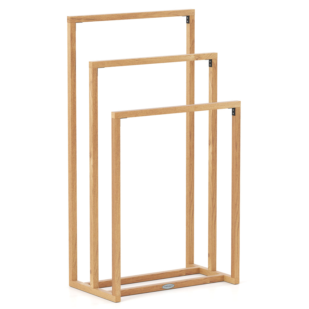 3-tier teak wood towel rack with 3 hanging crossbars, featuring a natural finish for effective drying in any room.