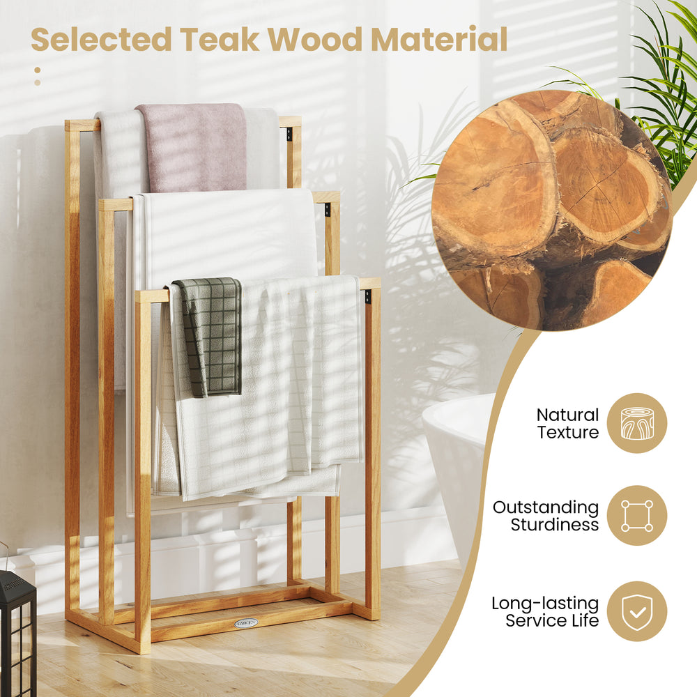 3-tier teak wood towel rack with natural texture, designed for stability and effective drying in any room.