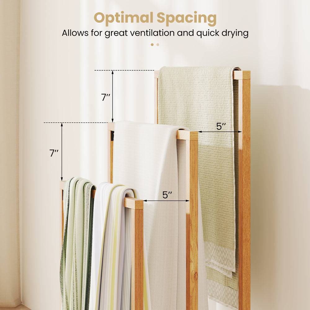 3-tier teak wood towel rack with hanging crossbars, designed for optimal ventilation and quick drying in any room.