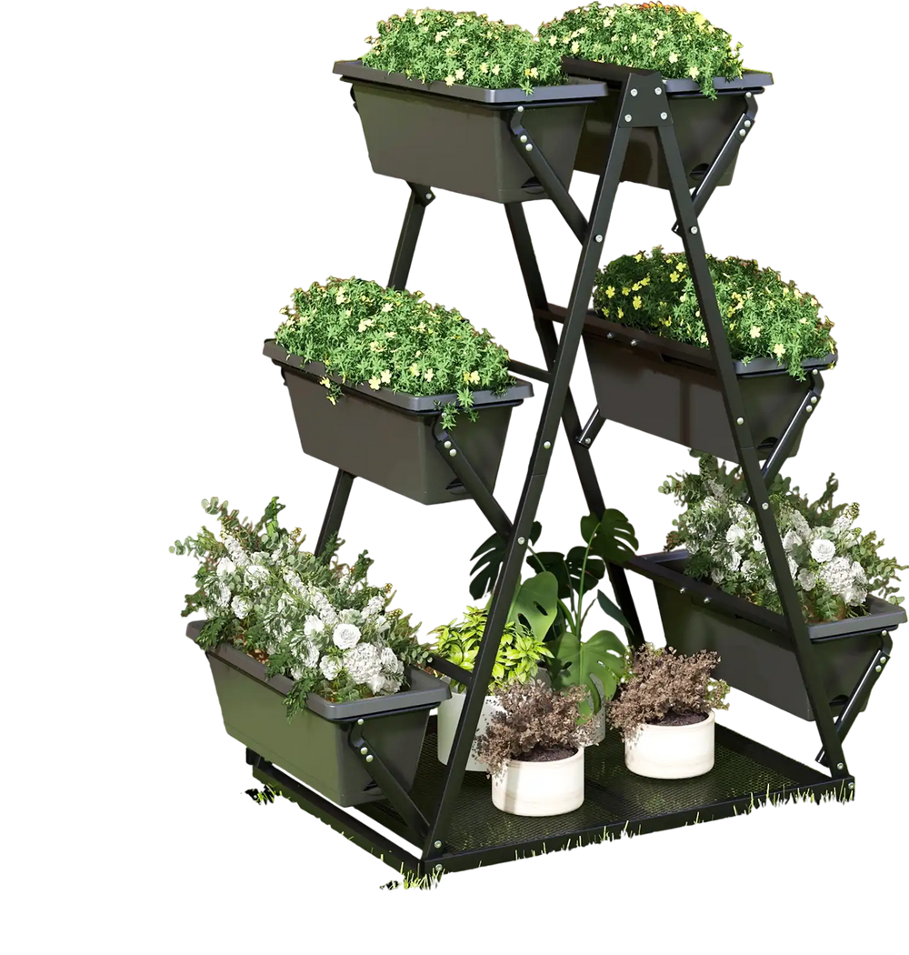 3-tier vertical raised garden bed in black with 6 container boxes, ideal for patios and balconies, featuring wheels for.