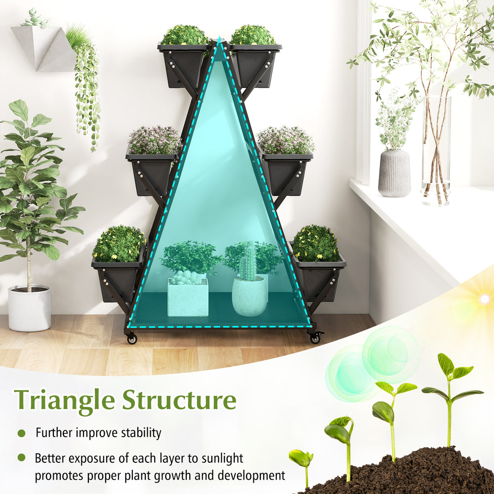 3-tier vertical raised garden bed in black with 6 container boxes, designed for stable plant growth and easy mobility.