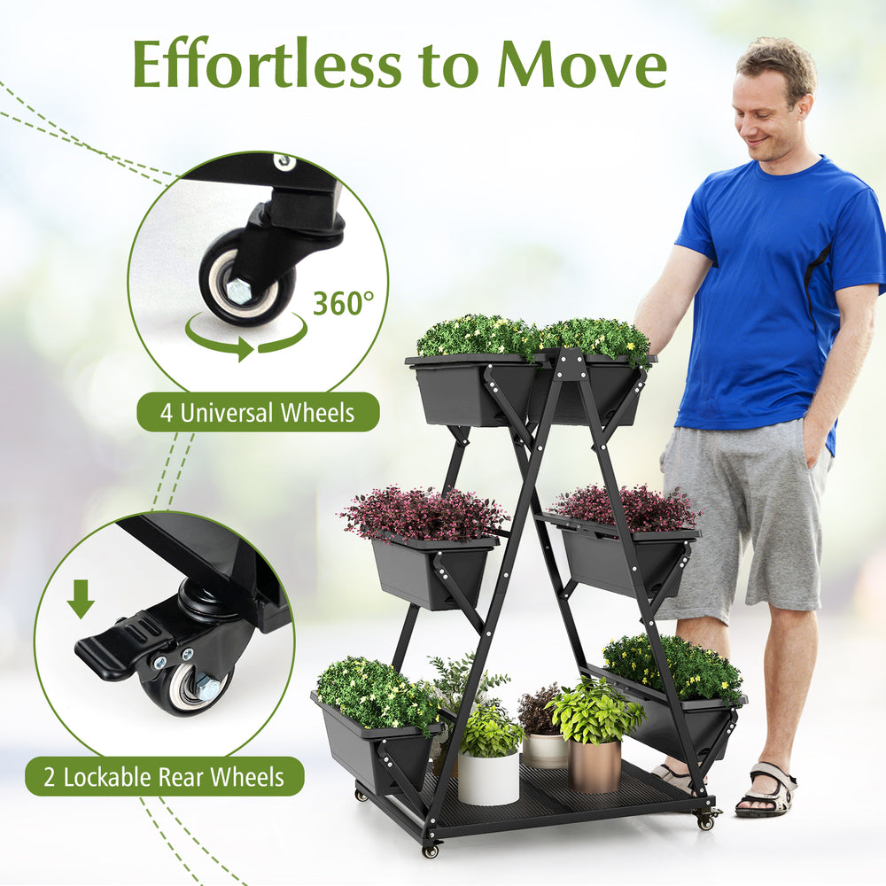 3-tier vertical raised garden bed in black with 6 container boxes and 4 wheels, ideal for patios and balconies.