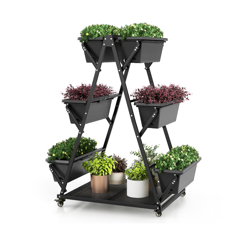 3-tier vertical raised garden bed with 6 container boxes, black, on wheels for easy transport, ideal for patios and.