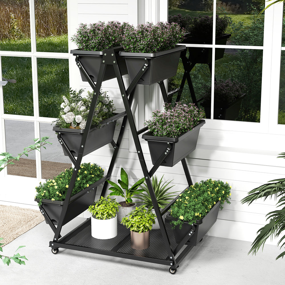 3-tier vertical raised garden bed in black with 6 container boxes and wheels, perfect for balconies and patios.