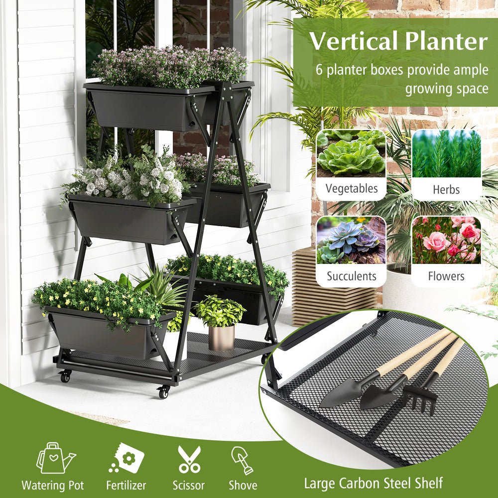 3-tier vertical planter with 6 container boxes in black, perfect for growing herbs and vegetables on patios or.
