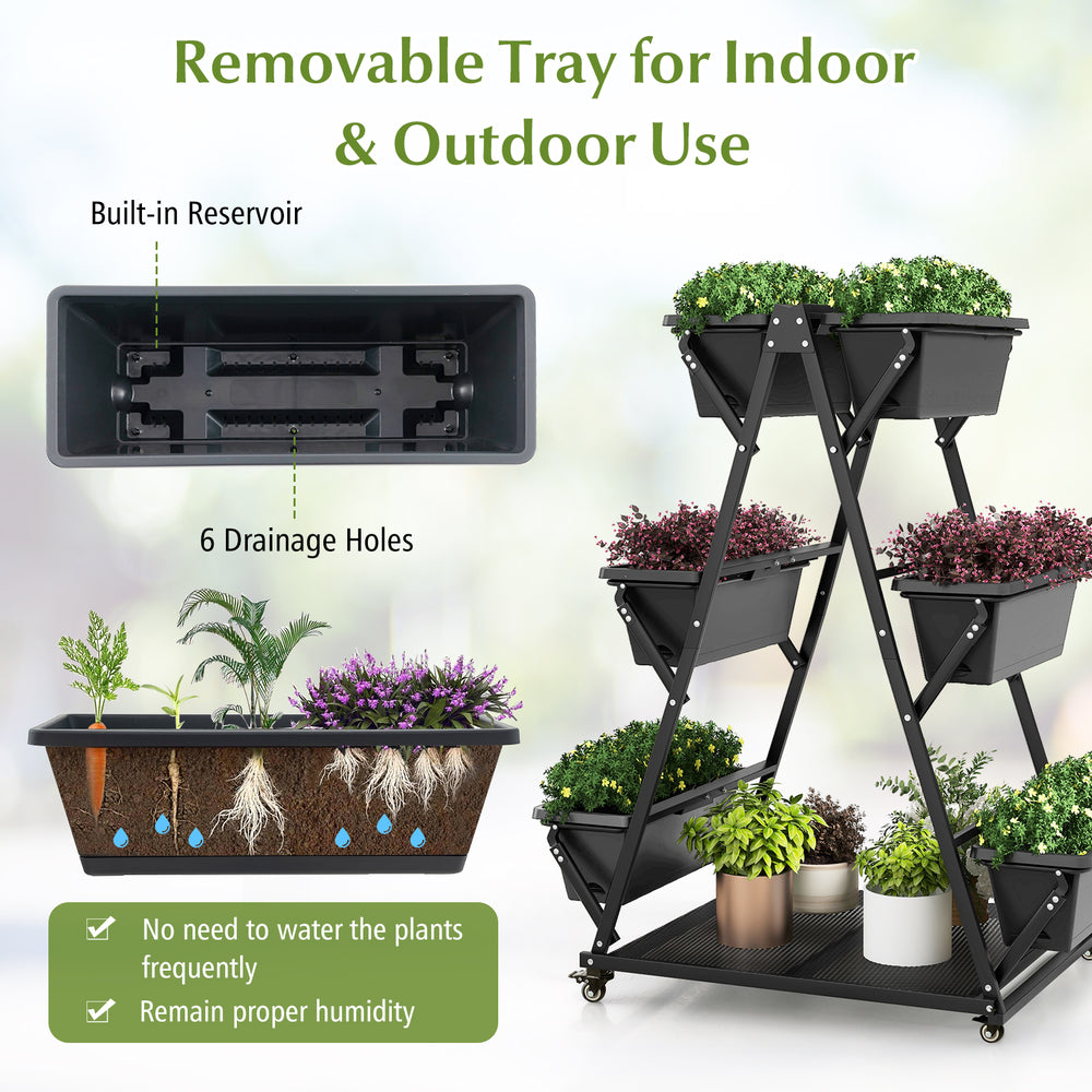 3-tier vertical raised garden bed with 6 container boxes, built-in reservoir, and wheels for easy indoor and outdoor.