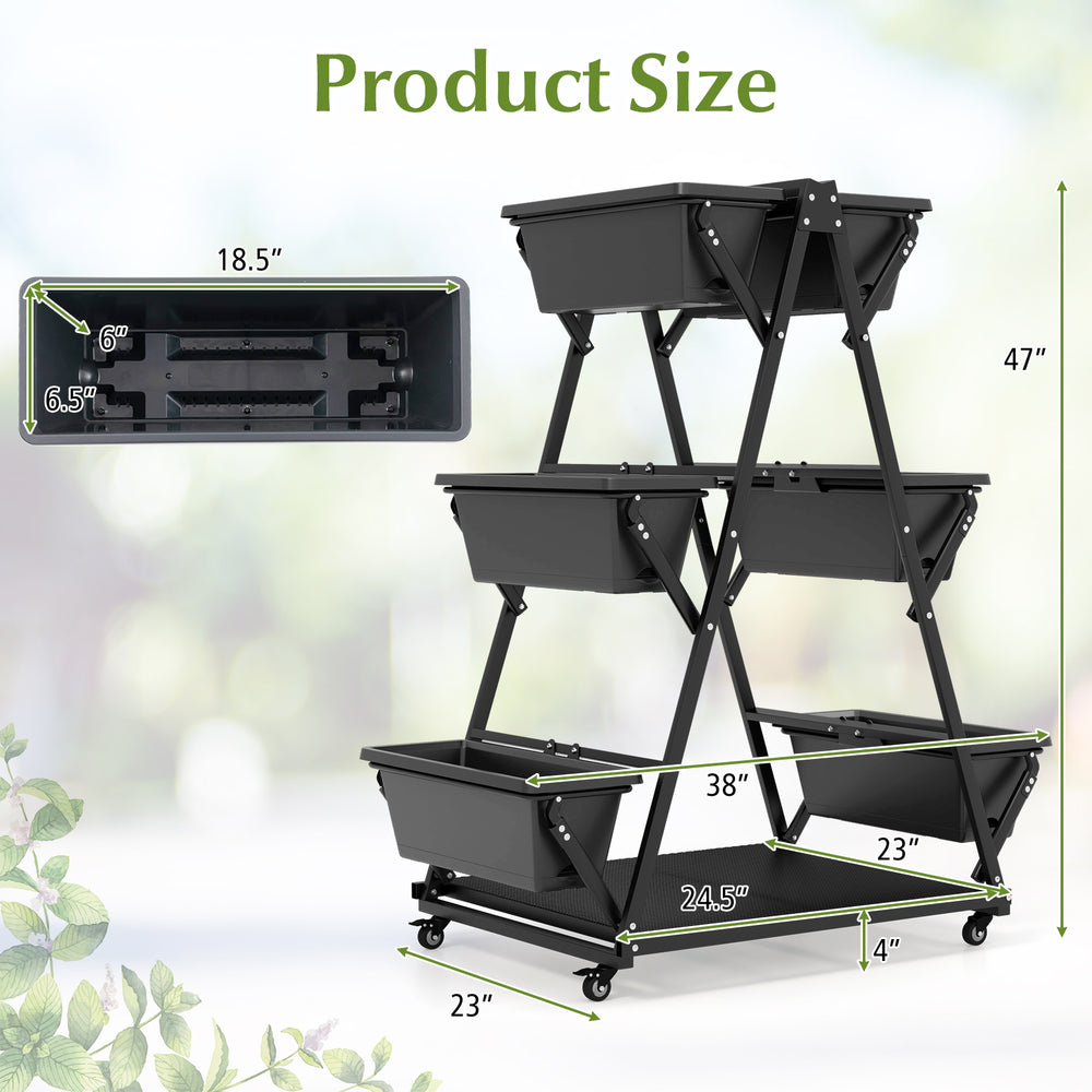 3-tier vertical raised garden bed in black with 6 container boxes and wheels, ideal for patios and balconies.