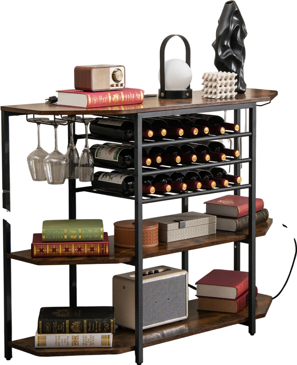 3-tier wine bar cabinet in brown with storage for 21 bottles, glass holders, and a built-in charging station.
