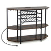 3-tier brown wine bar cabinet with storage shelves, glass holders, and built-in charging station for kitchen.
