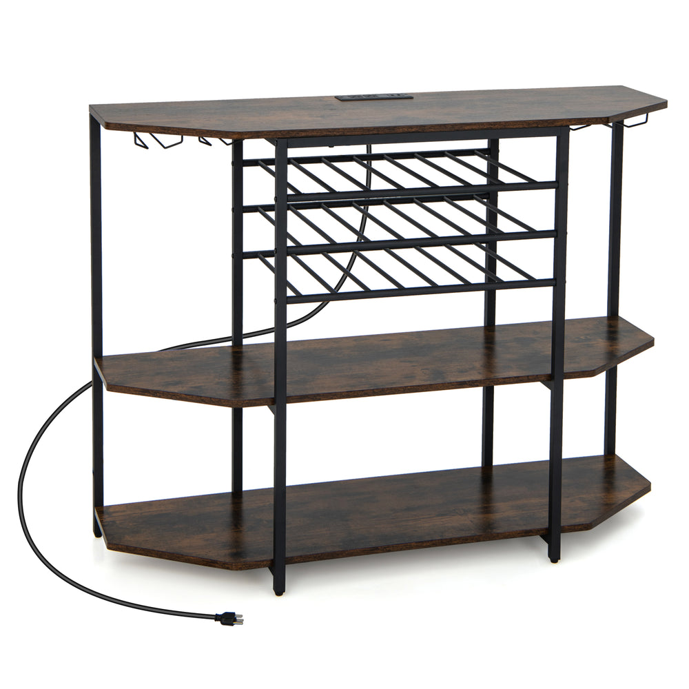 3-tier brown wine bar cabinet with storage shelves, glass holders, and built-in charging station for kitchen.