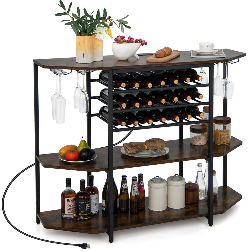 3-tier wine bar cabinet in brown with storage for 21 bottles, glass holders, and built-in charging station.