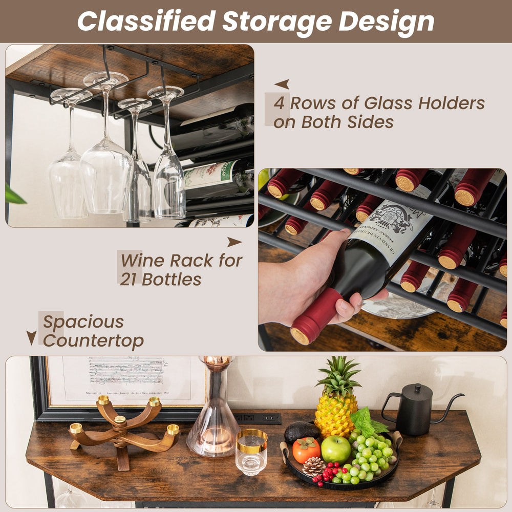 3-tier brown wine bar cabinet featuring glass holders, wine rack for 21 bottles, and spacious countertop for.