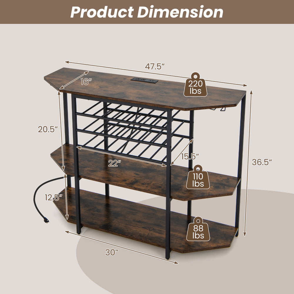 3-tier wine bar cabinet with brown wood finish, featuring glass holders, storage for 21 bottles, and built-in charging.
