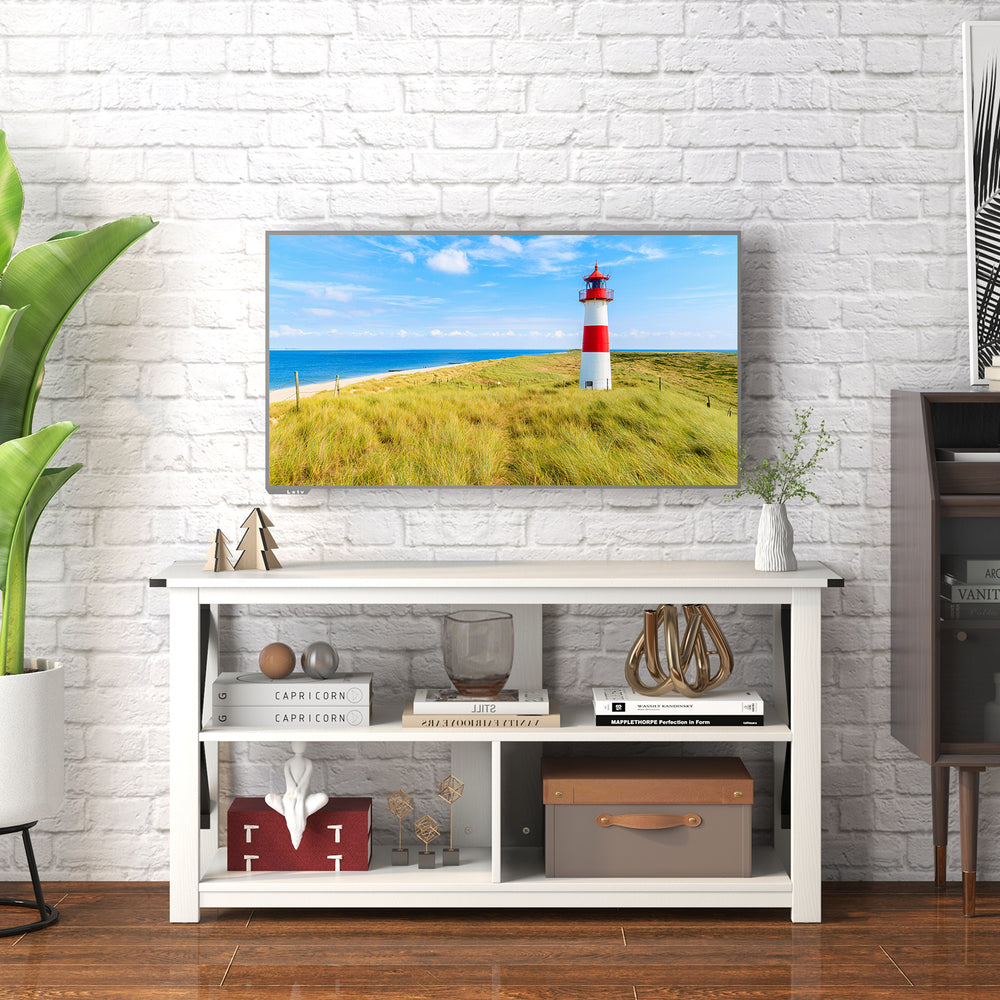 3 Tier Wood TV Stand for 55-Inch with Open Shelves and X-Shaped Frame-White - Gallery View 1 of 11