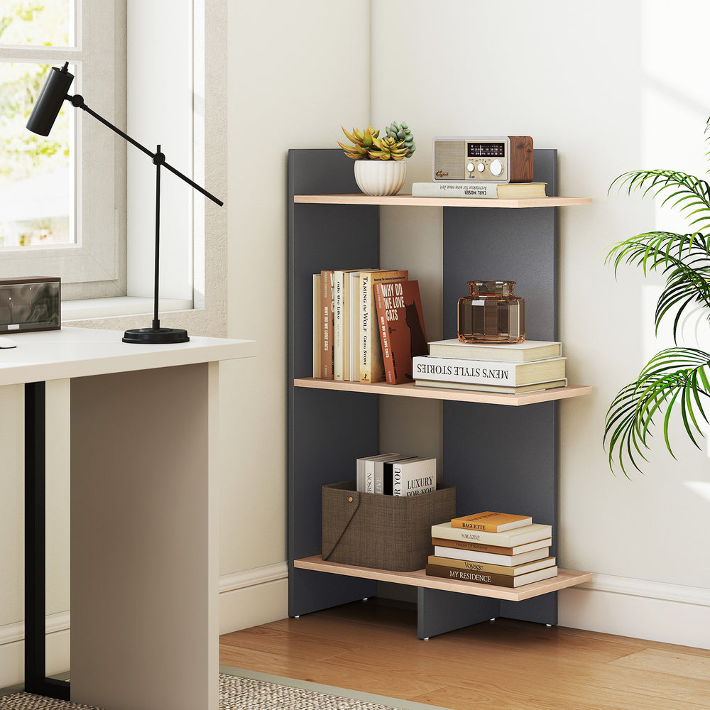 Three-tier wooden bookshelf in oak with anti-tipping kit, perfect for organizing books in living rooms or home offices.