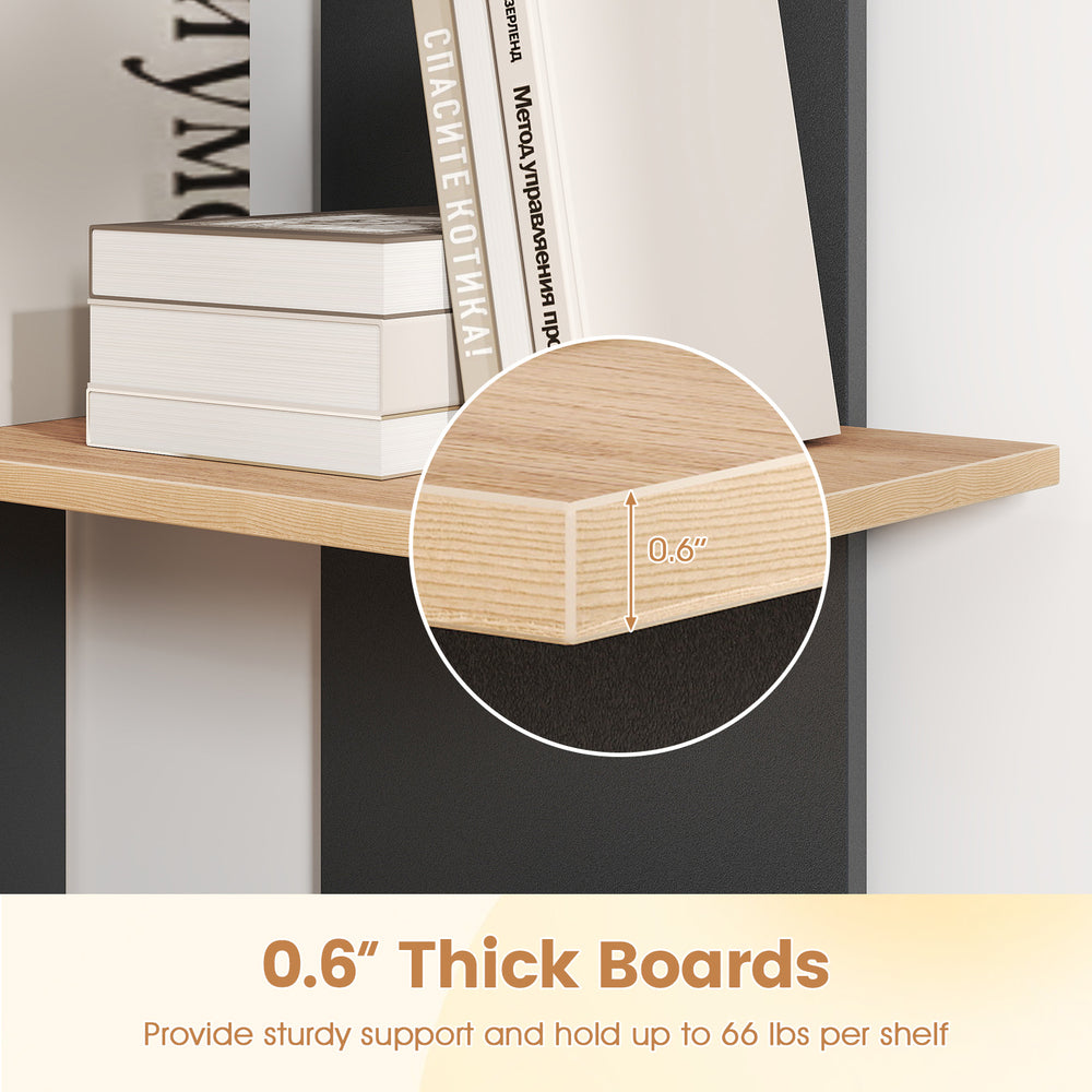 Close-up of the 0.6" thick oak shelf of the 3-tier wooden bookshelf, supporting up to 66 lbs for stable storage.