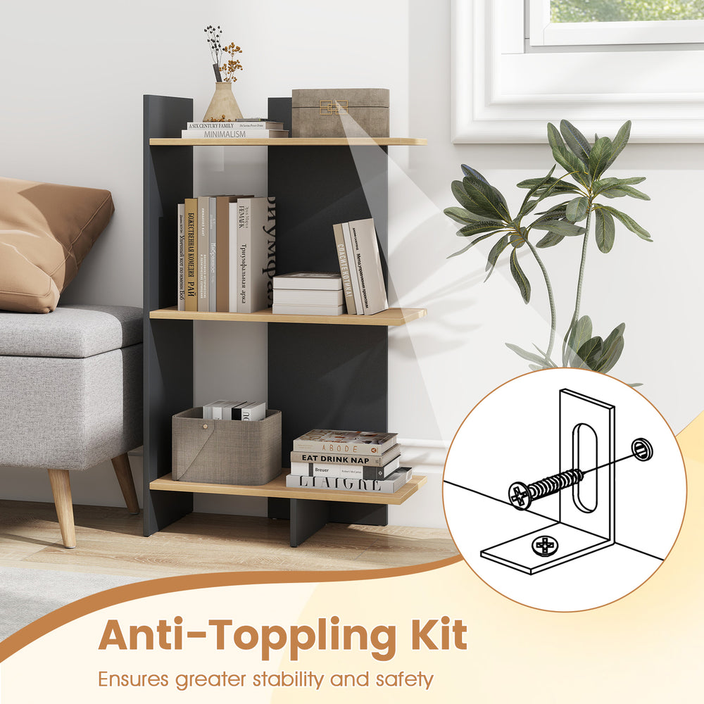 3-tier wooden bookshelf in oak with anti-tipping kit, offering stability and ample storage for living rooms or home.