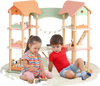 Colorful 3-tier wooden dollhouse with 32 accessories, designed for kids aged 3-8, promoting creativity and safe play.