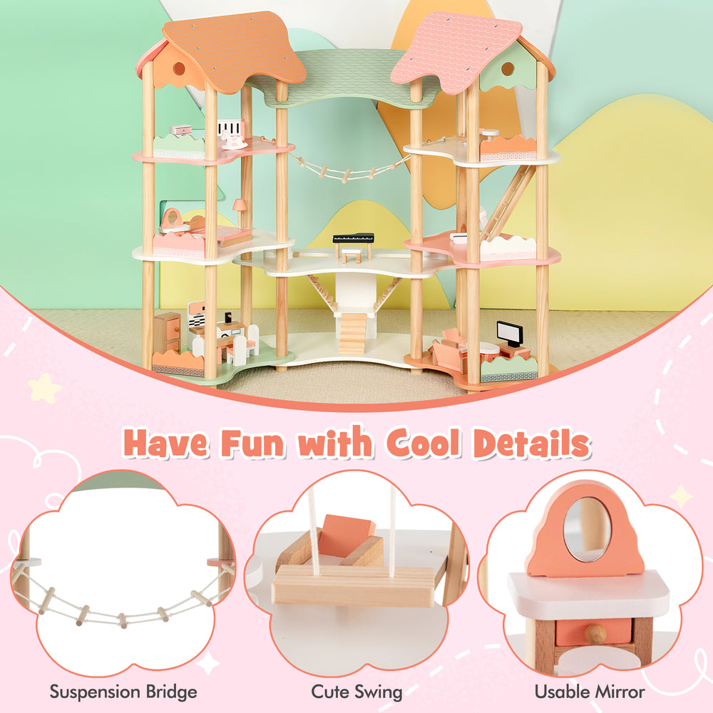 3-tier wooden dollhouse with multicolor design, includes 32 accessories, perfect for kids aged 3-8 years old.