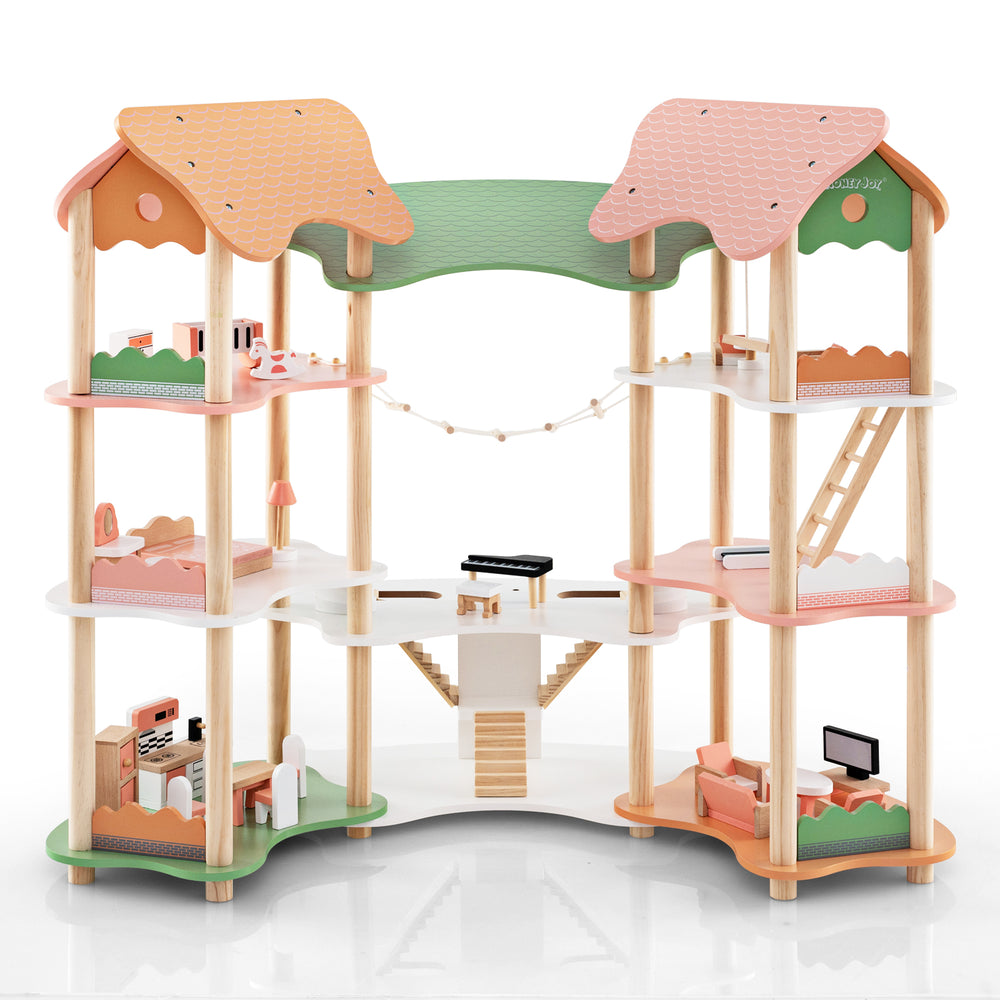 Colorful 3-tier wooden dollhouse with 32 accessories, featuring real-life scenes and sturdy pine wood for kids' safe.