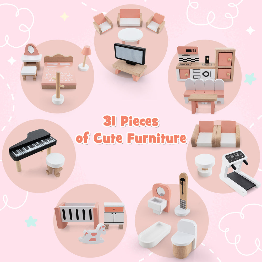 Colorful 31-piece wooden dollhouse furniture set for kids, featuring cute designs and safe, smooth edges for play.