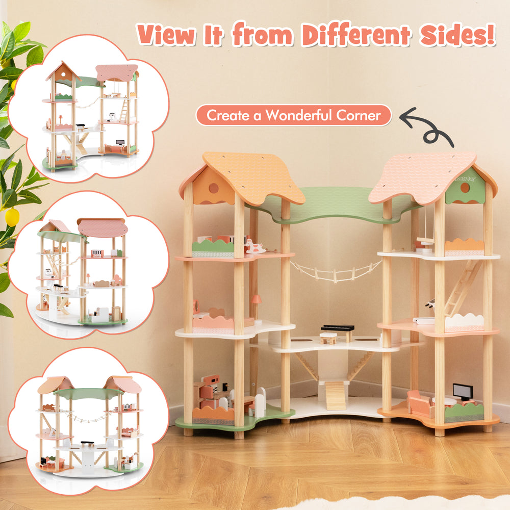 3-tier wooden dollhouse with multicolor design and 32 accessories, perfect for kids aged 3-8 years old.
