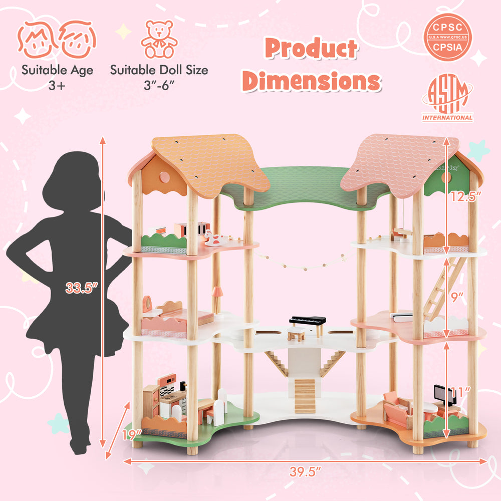 3-tier wooden dollhouse for kids with 32 accessories, featuring colorful scenes and sturdy pine wood for safe play.