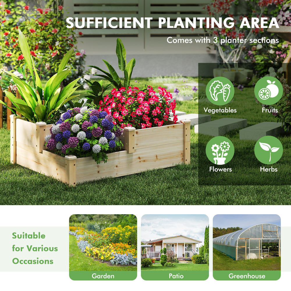 3-tier wooden raised garden bed with vibrant flowers and plants, crafted from fir wood for gardens and patios.