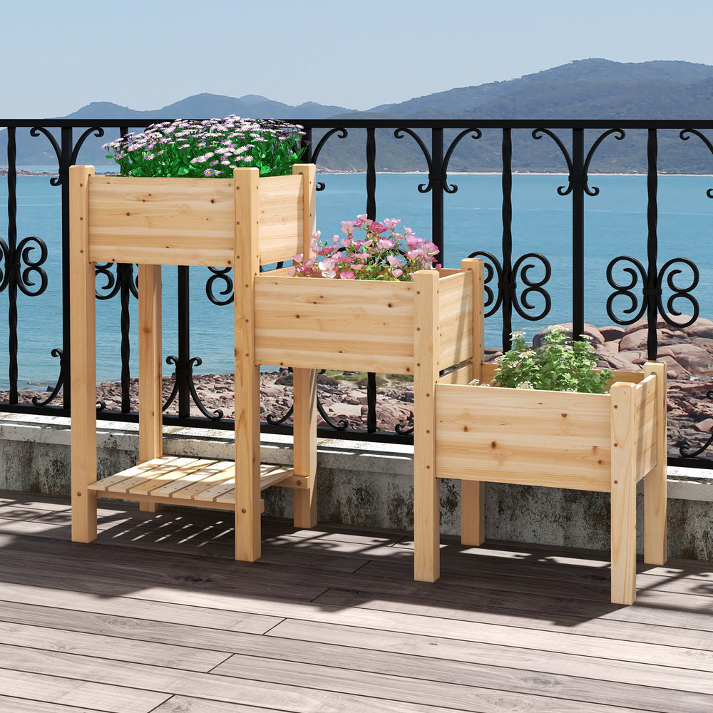 Three-tier wooden raised garden bed in natural fir, featuring separate planter boxes and an open storage shelf for easy.