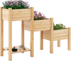 3-tier wooden raised garden bed with natural fir wood, featuring planter boxes and an open storage shelf for gardening.