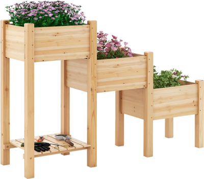 Costway 3-Tier Wooden Raised Garden Bed w/ Open Storage Shelf 58473621 New
