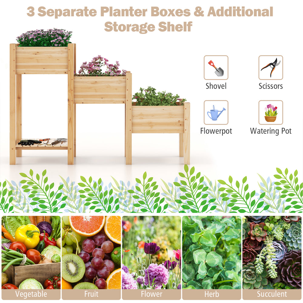 3-tier wooden raised garden bed with open storage shelf, made of natural fir wood, ideal for growing flowers, herbs.