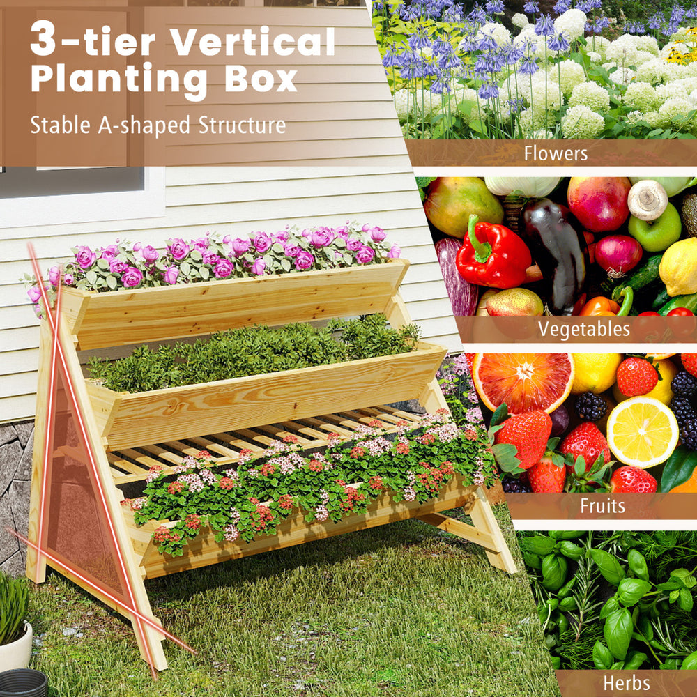 Three-tier wooden vertical raised garden bed with A-shaped legs, ideal for flowers, vegetables, and herbs in limited.