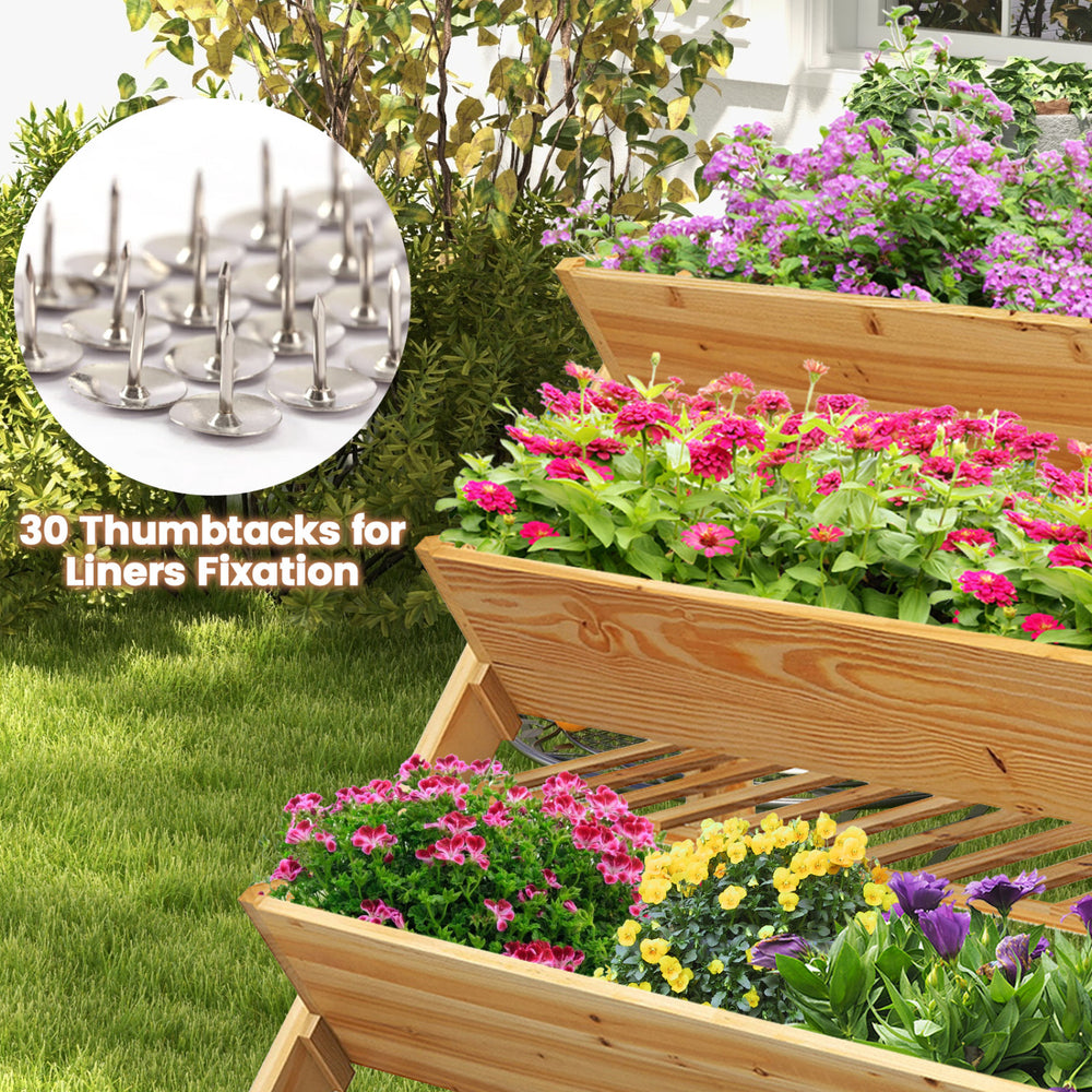 3 tier wooden vertical raised garden bed with vibrant flowers, featuring drainage holes and a storage shelf for outdoor.