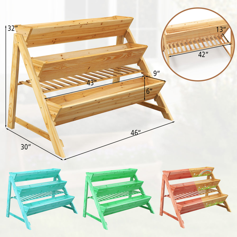 Three-tier wooden vertical raised garden bed with storage shelf, made of fir wood, ideal for flowers and vegetables.