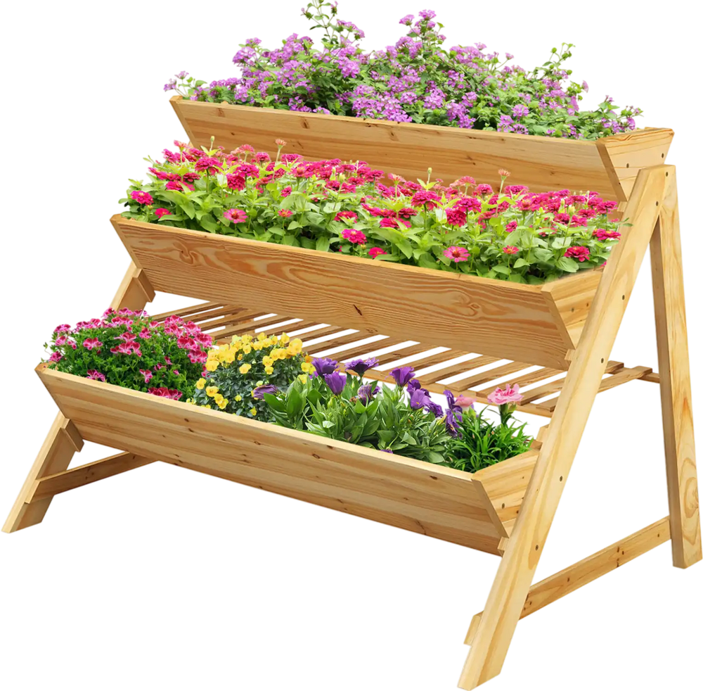 3 Tier Wooden Vertical Raised Garden Bed with Storage Shelf