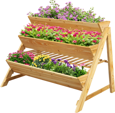 Costway 3 Tier Wooden Vertical Raised Garden Bed with Storage Shelf 59682037 New
