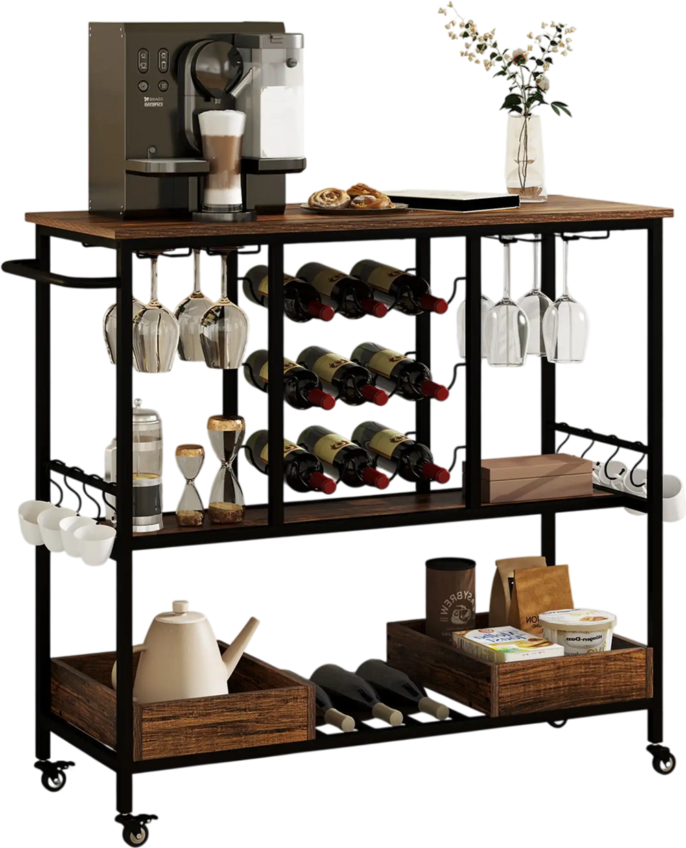 Rustic brown 3-tier bar cart on wheels with glass racks, holding wine bottles and glasses, ideal for home bar or.