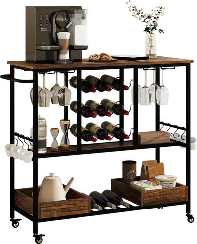 Costway 3-Tier Rolling Bar Cart with Glass Racks Rustic Brown 56382479 New