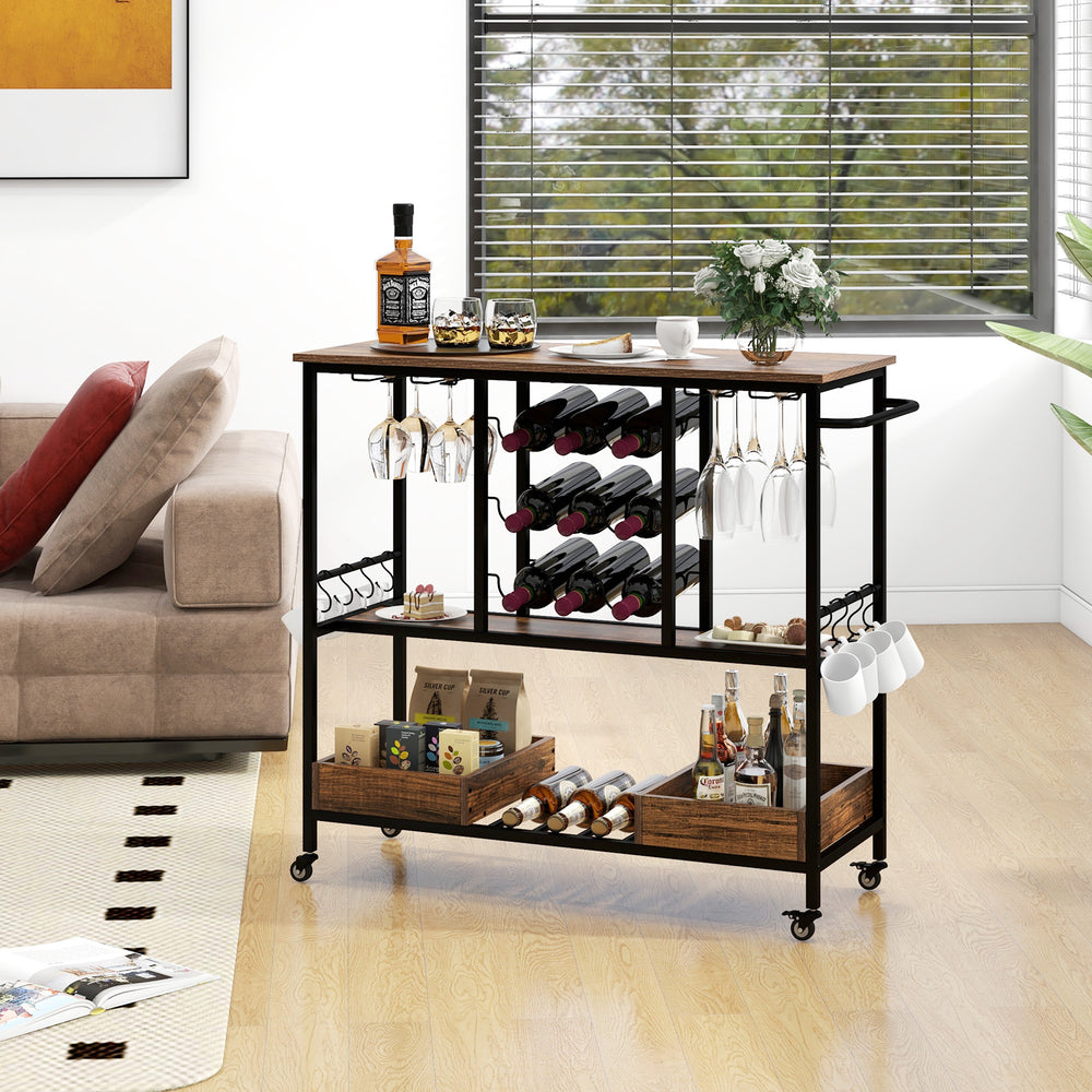 Rustic brown 3-tier bar cart on wheels featuring a convenient towel rack, storage boxes, and 8 hooks for added.