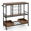 Rustic brown 3-tier bar cart on wheels with glass racks, wine bottle holders, and storage boxes for versatile use.