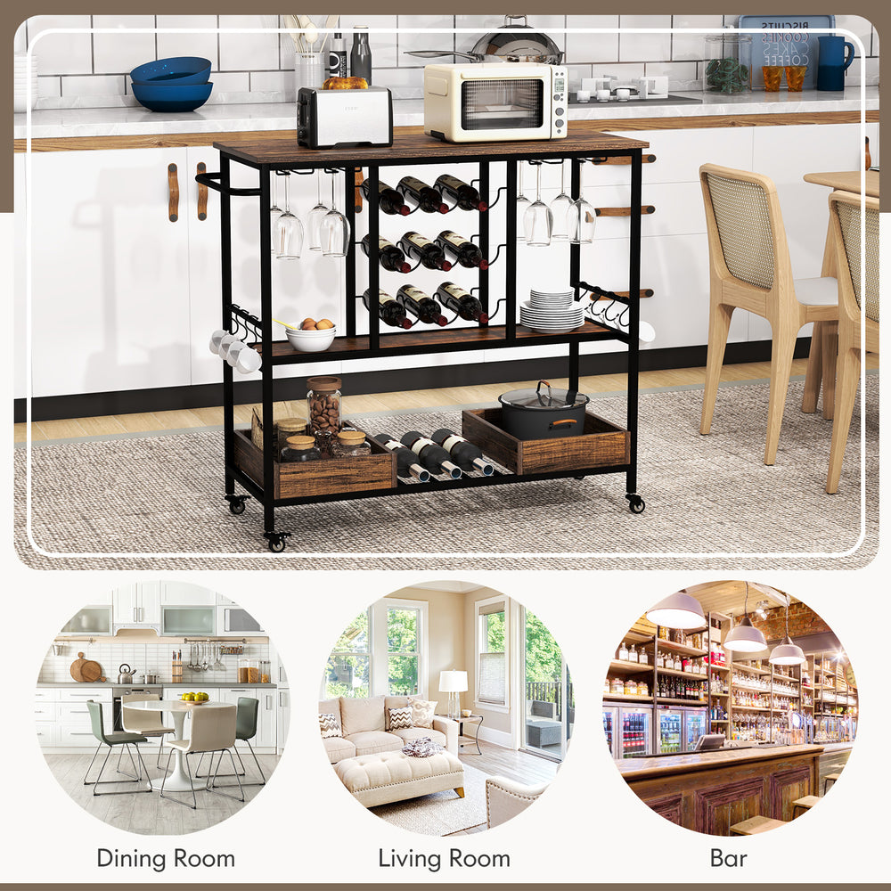 3-tier bar cart on wheels in rustic brown with glass racks, wine bottle holders, and extra storage for home bar use.