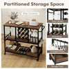 Rustic brown 3-tier bar cart on wheels with glass racks, wine holders, and storage boxes for versatile home use.