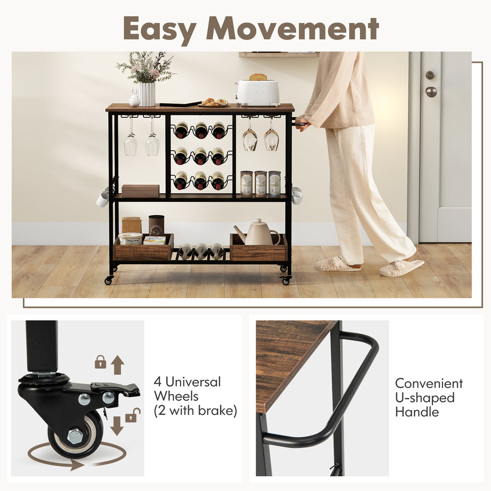 Rustic brown 3-tier bar cart on wheels with glass racks, bottle holders, and convenient U-shaped handle for easy.