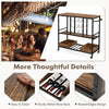 Rustic brown 3-tier bar cart on wheels with glass racks, holding 9 bottles and 8 glasses, ideal for home bars.