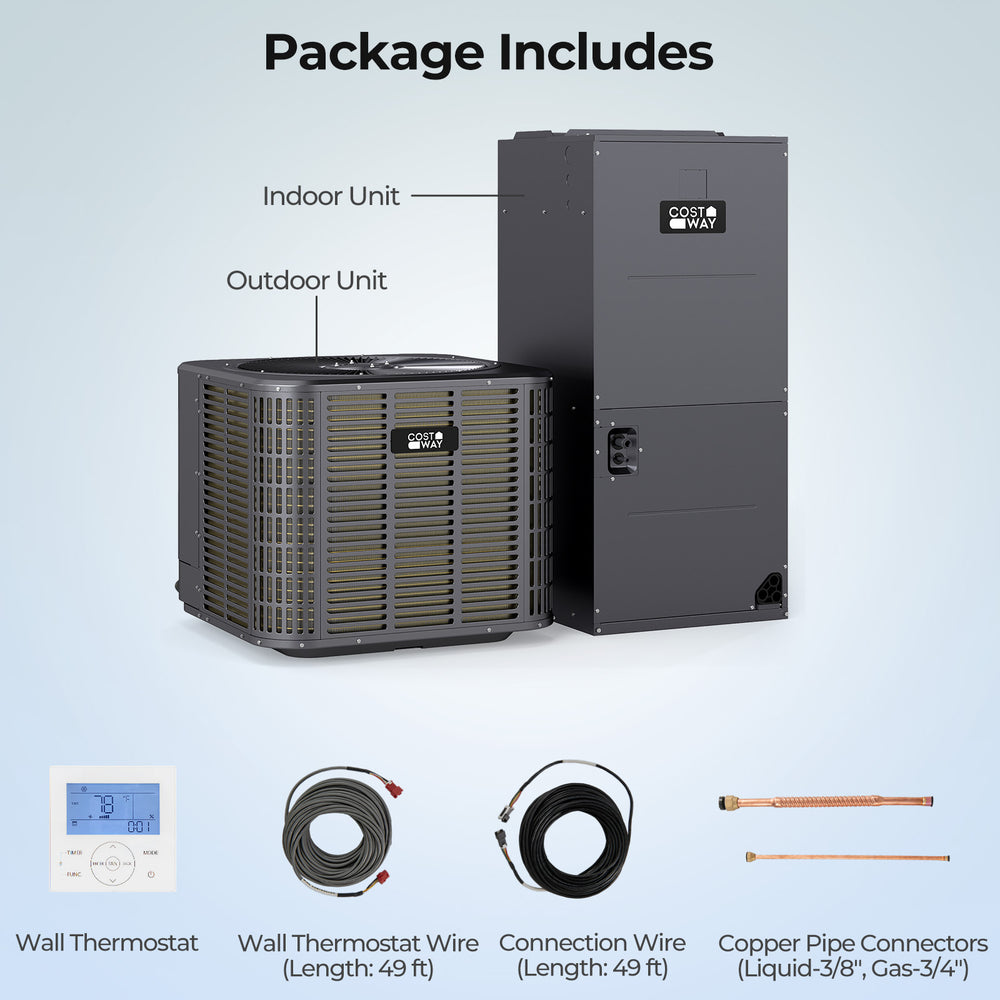 3 Ton 19 SEER2 heat pump system with indoor and outdoor units, wall thermostat included for optimal comfort control.